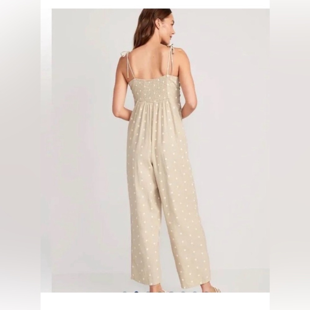 Old Navy Tan Polka Dot Tie-Shoulder Cropped Twist-Front linen  blend‎ Jumpsuit L